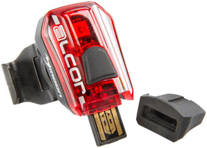 Moon Alcor rechargeable USB rear light with bracket and USB connector visible.