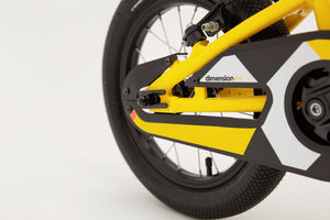Ridgeback Dimension 14 inch wheel yellow lightweight hybrid mountain bike.
