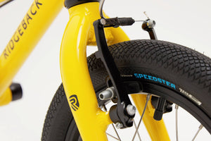 Ridgeback Dimension 14 inch wheel yellow lightweight hybrid mountain bike.