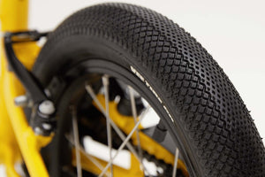 Ridgeback Dimension 14 inch wheel yellow lightweight hybrid mountain bike.