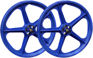 Skyway 20" Tuff II 5 spoke BMX blue mag wheels.