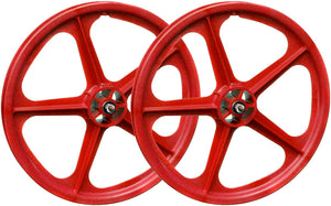 Skyway 20" Tuff II 5 spoke BMX red mag wheels.