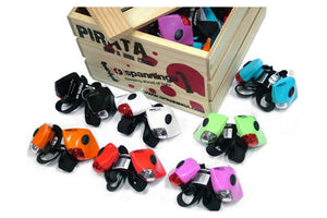Full colour range of Spanninga Pirata front lights: Blue, Black, White, Green, Orange, Red, Lilac.