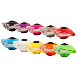 Full colour range of Spanninga Pirata front lights: Black, Deep Purple, Fantasy Pink, Hot Sand, Infra Red, Lagoon Blue, Pure White, Smiley Yellow, Vitamin Orange, Punk Green.